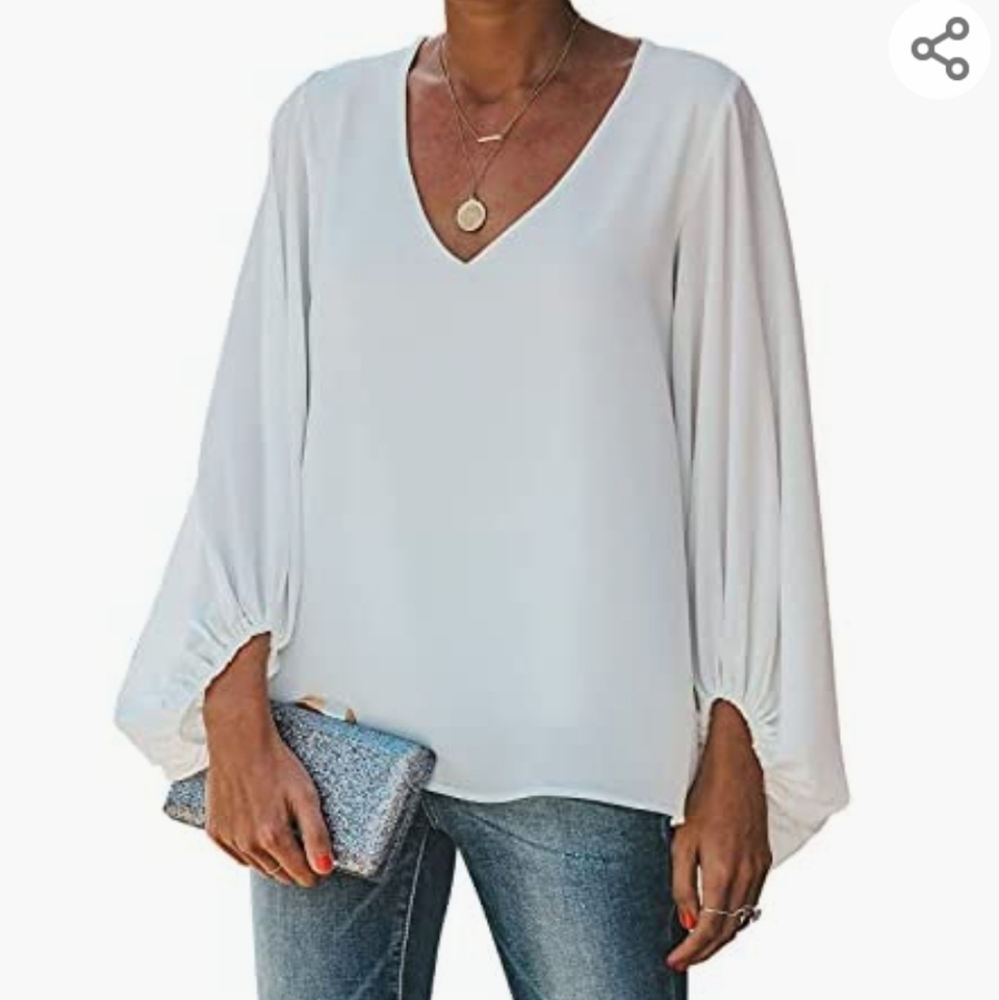 Women's Casual Sweet & Cute Loose Shirt Balloon Sleeve V-Neck Blouse Top - Picture 2 of 6